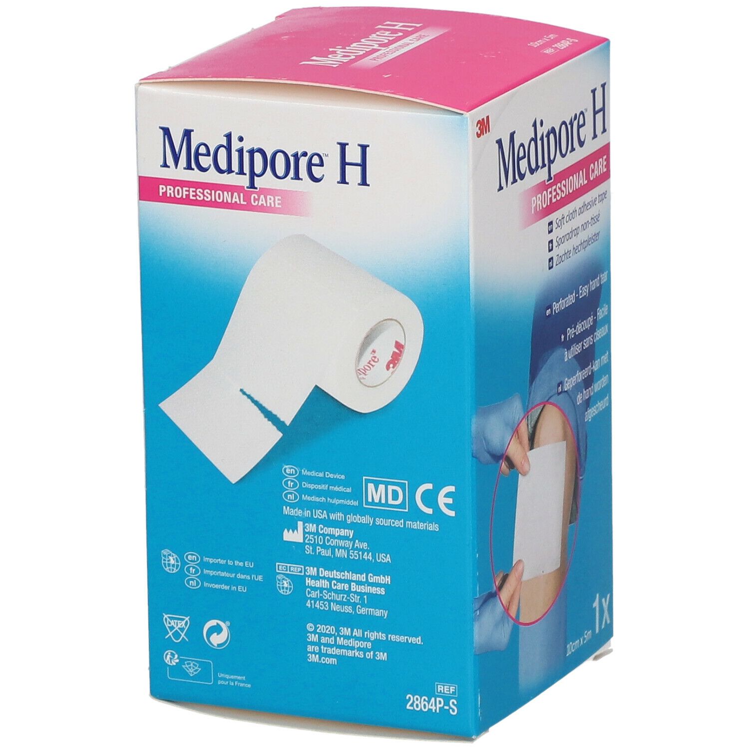 Emballage Medipore H. Boîte bleue et blanche avec nom du produit et logo 3M. Rouleau du produit visible.