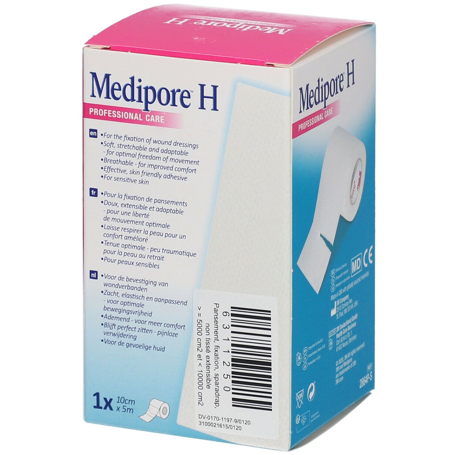 Emballage Medipore H. Boîte avec informations produit et logo 3M. Contient du texte en plusieurs langues.