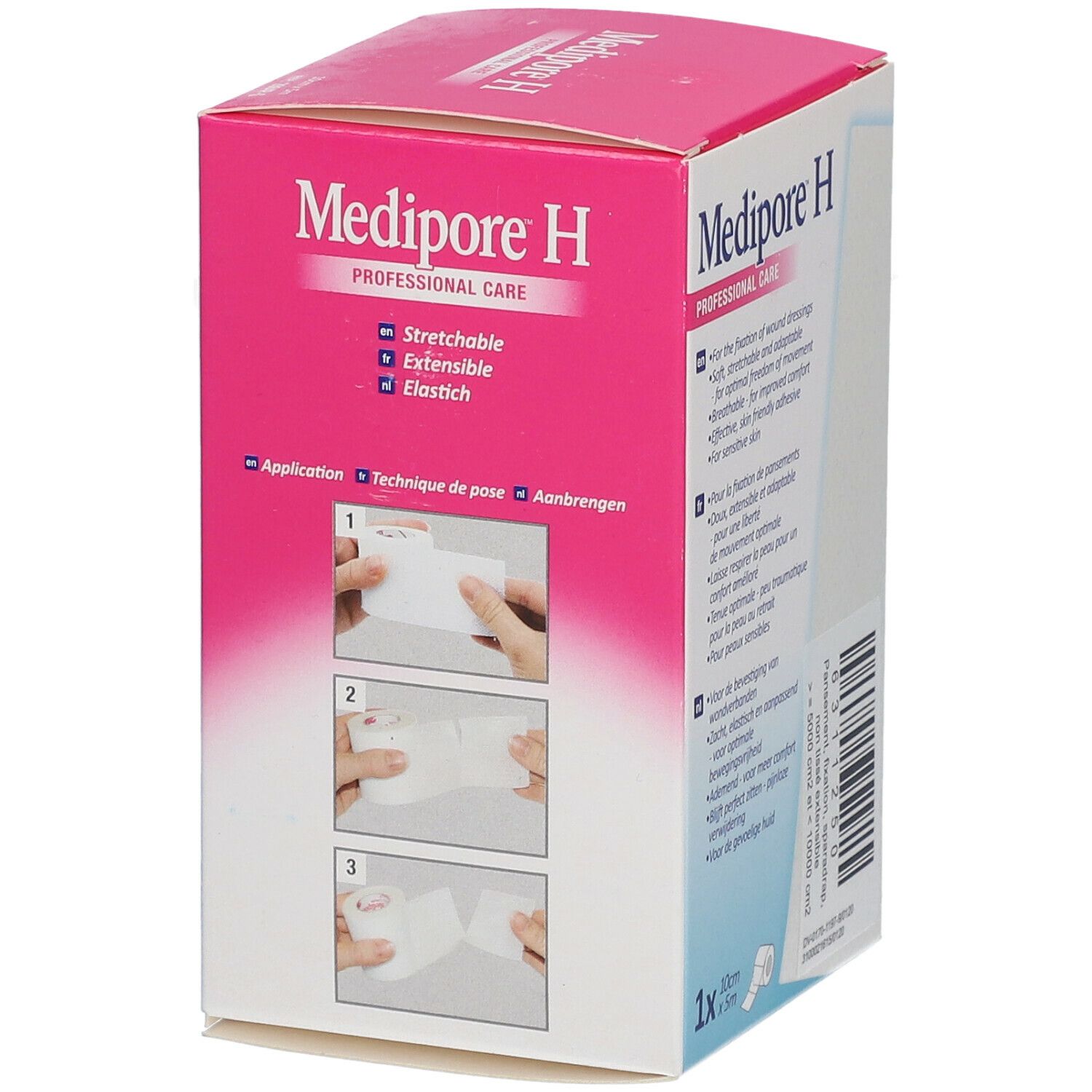 Emballage Medipore H. Arrière de la boîte avec instructions d'application. Logo 3M et nom du produit.