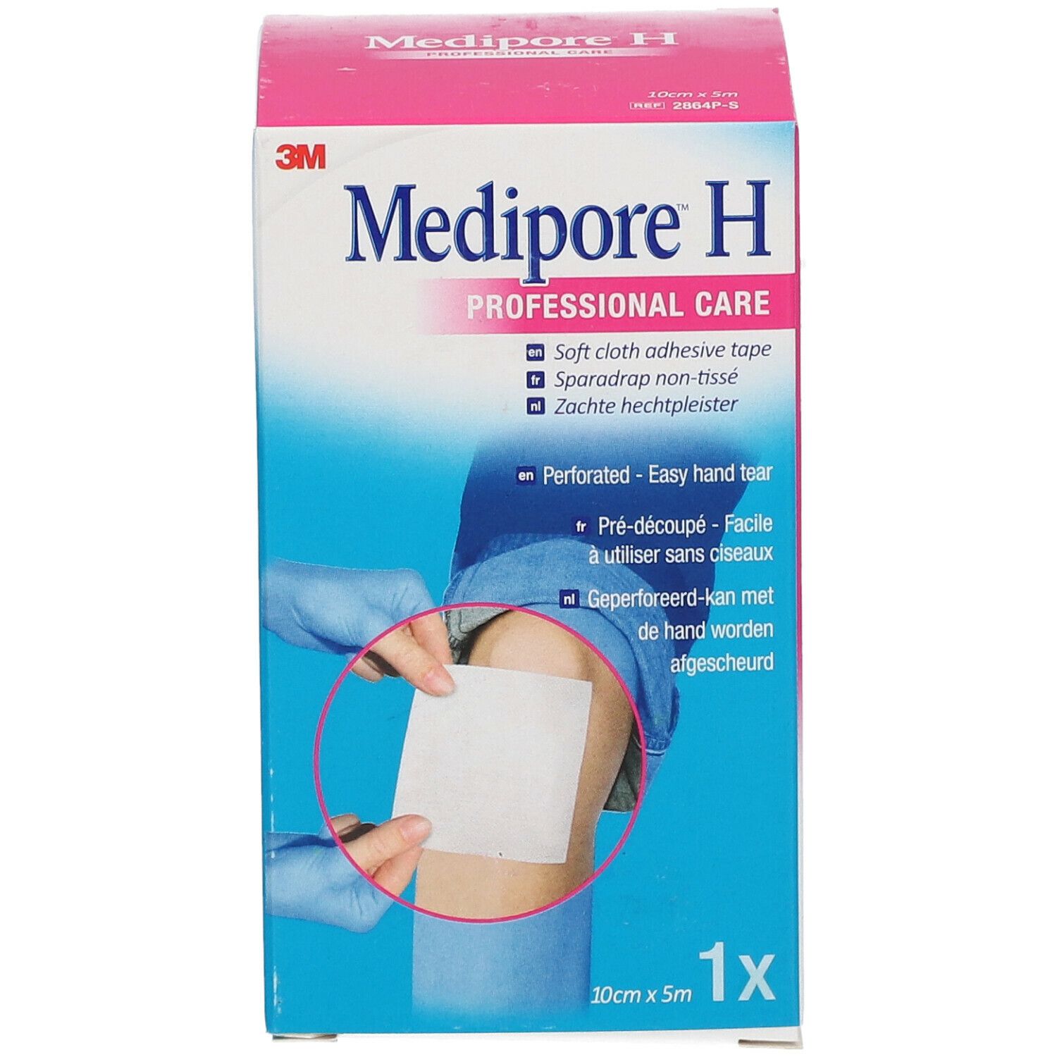 Boîte Medipore H, rose et blanche. Logo 3M et nom du produit. Démonstration d'application avec un carré sur un genou.