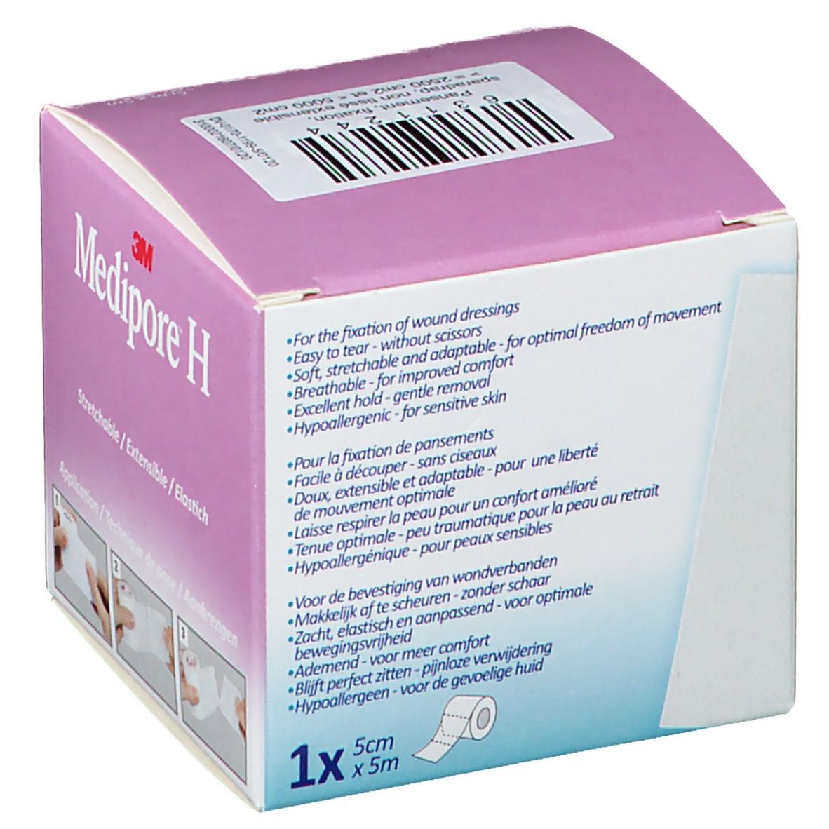 Emballage Medipore H. Bandes adhésives douces et extensibles. Instructions d'utilisation multilingues sur l'emballage.
