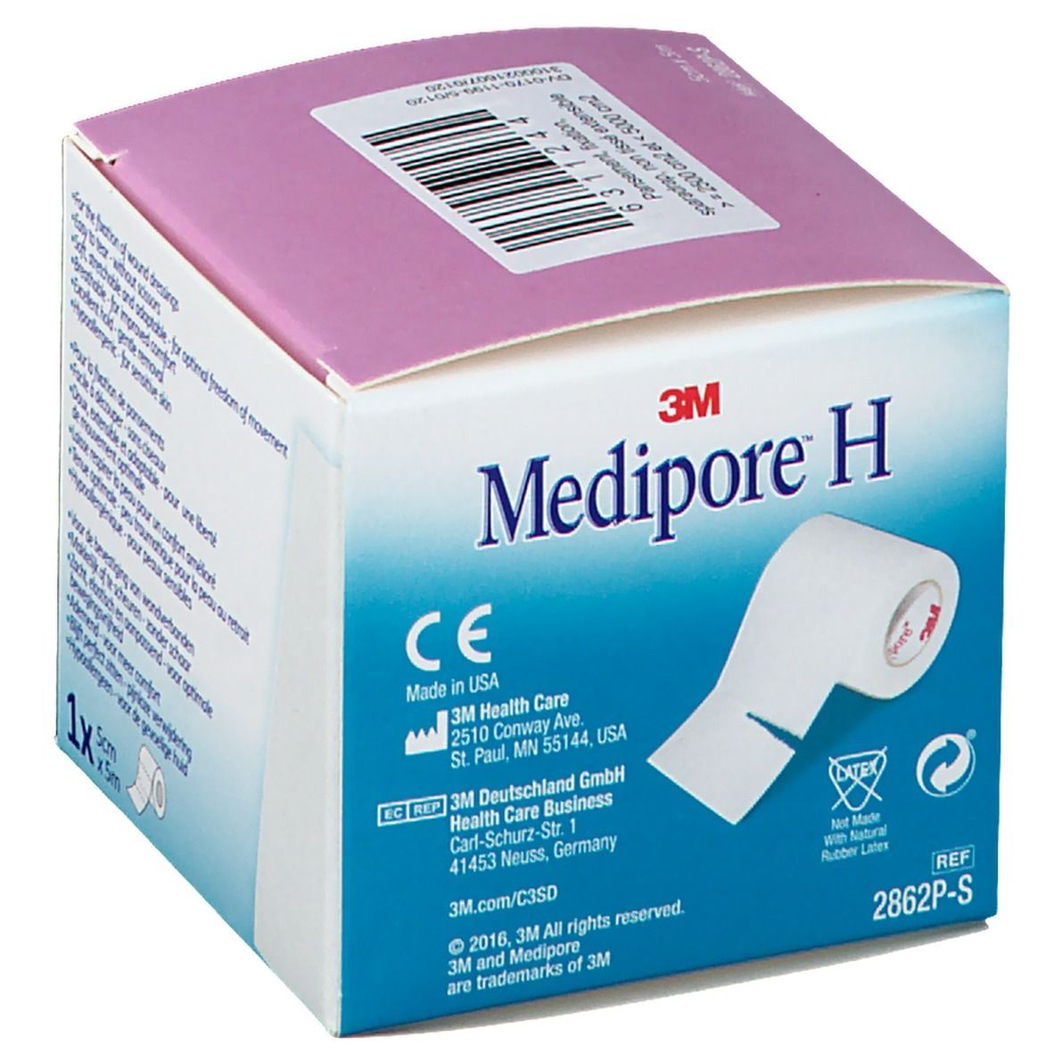 Emballage Medipore H. Ruban adhésif blanc illustré. Marquage CE et informations du fabricant.