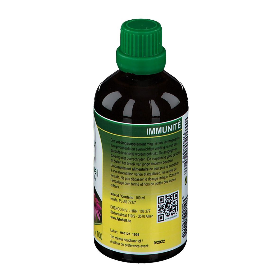 Dos du flacon. Étiquette avec texte, code QR et indication de volume. Bouchon vert.