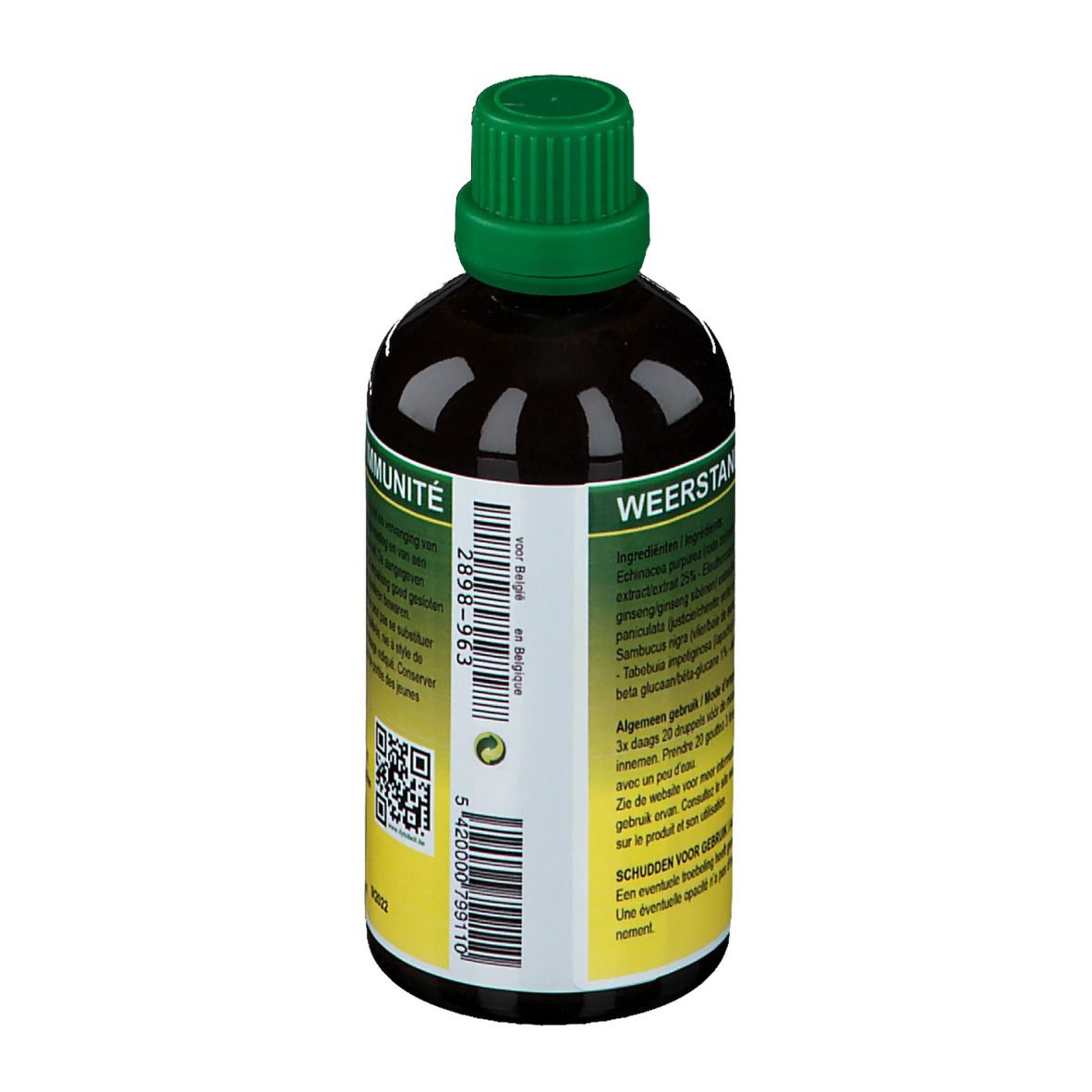 Dos du flacon. Étiquette avec texte et code QR. Bouchon vert. Liquide brun.
