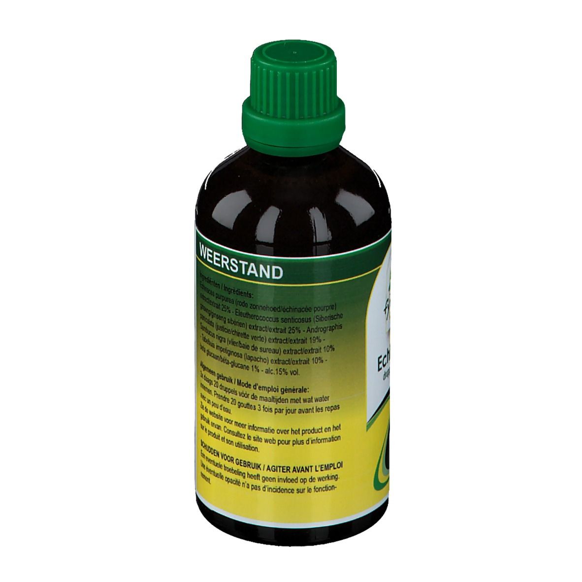 Dos du flacon. Étiquette avec texte et code QR. Bouchon vert. Liquide brun.