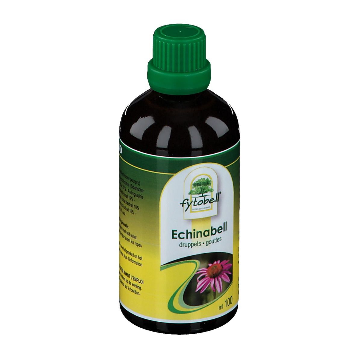 Flacon en verre brun avec bouchon vert. Étiquette avec nom du produit, fleur et indication de volume.