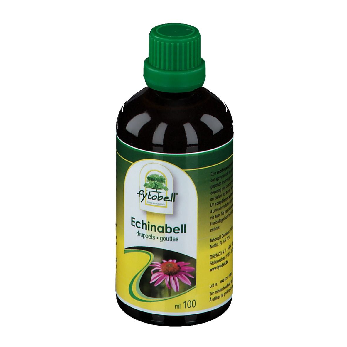 Flacon en verre brun avec bouchon vert. Étiquette avec nom du produit, fleur et indication de volume.