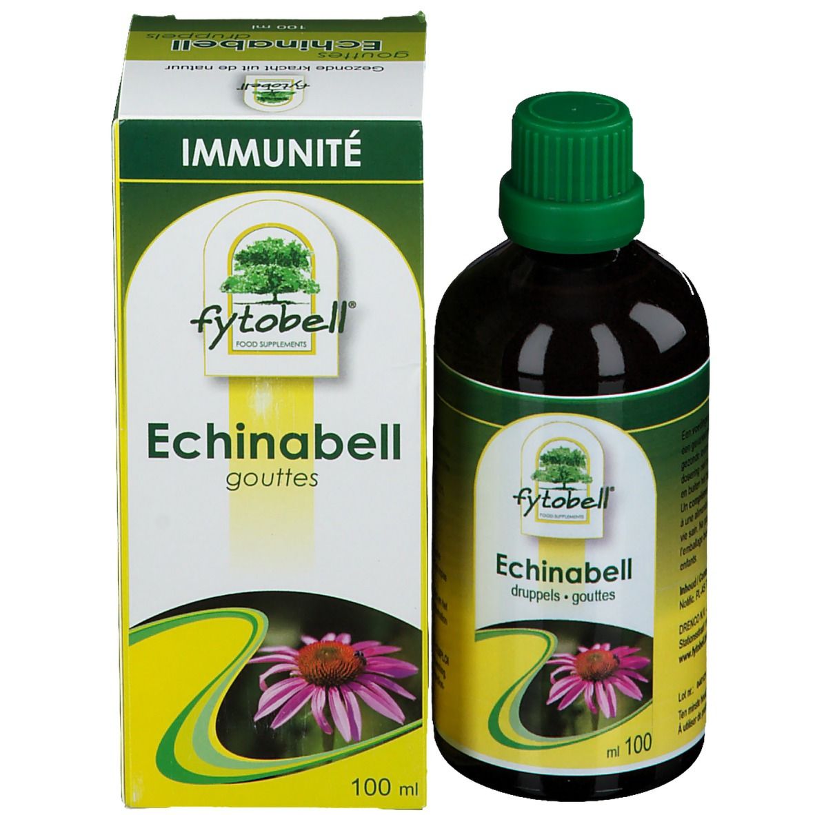 Flacon et emballage. Flacon avec bouchon vert. Emballage avec nom du produit et indication de volume.