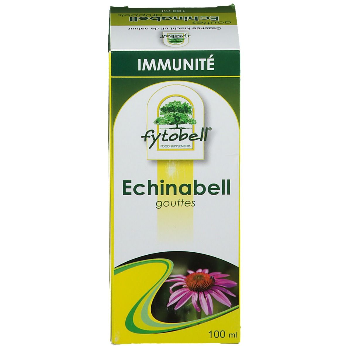 Emballage avec nom du produit et indication de volume. Fond vert. Texte blanc.