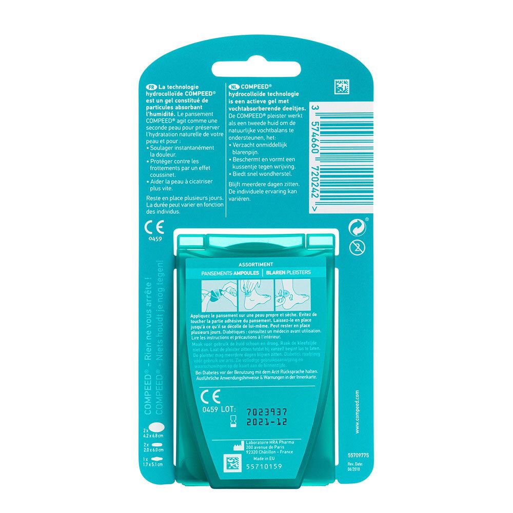Dos de l'emballage Compeed® Mixpack. Texte: Technologie hydrocolloïde, instructions d'utilisation, numéro de lot.
