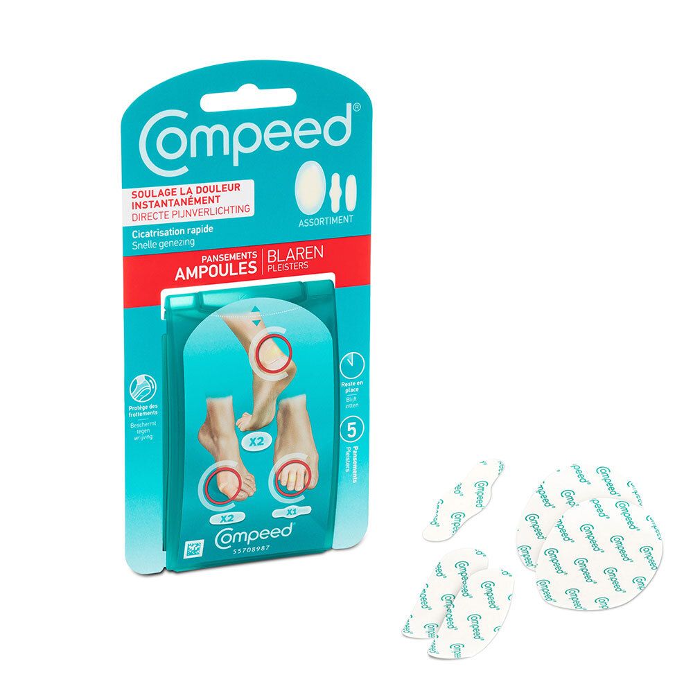 Compeed® Mixpack. Emballage et pansements. Texte: Soulagement instantané de la douleur, cicatrisation rapide.