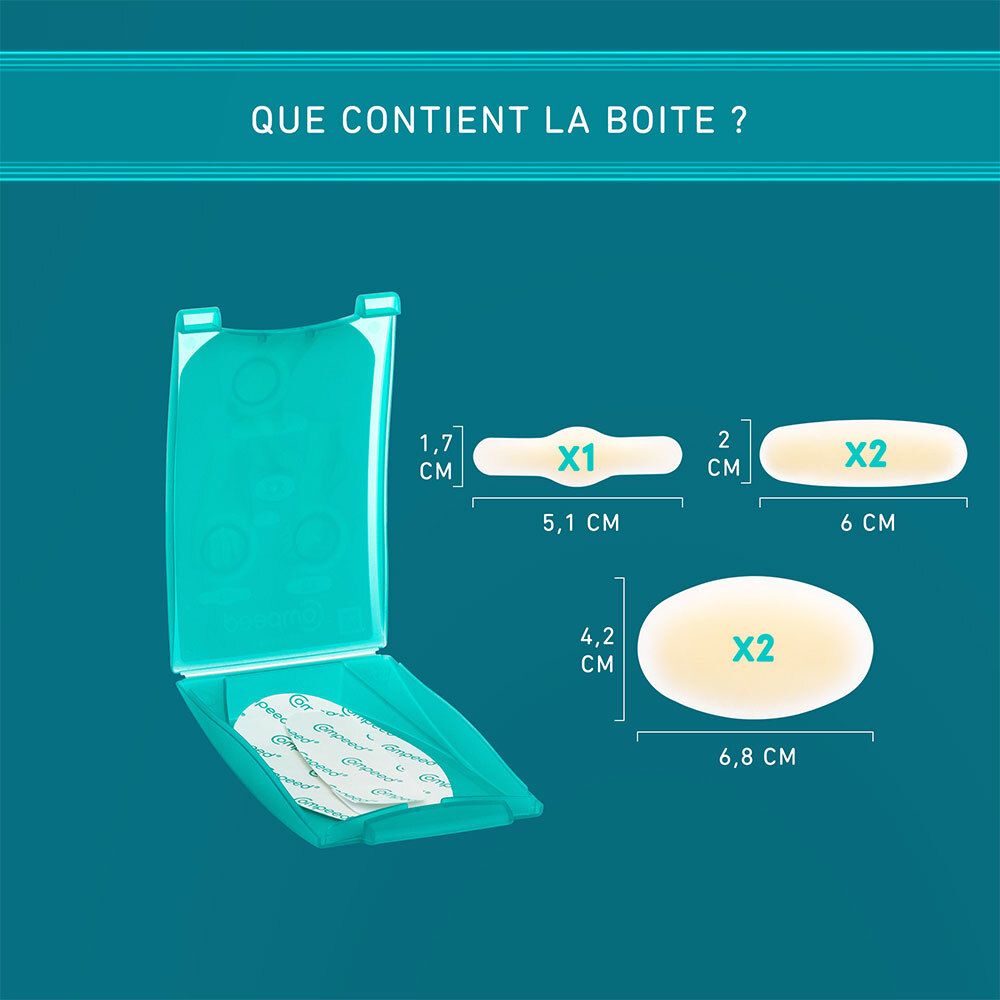 Contenu de la boîte Compeed® Mixpack. Pansements de différentes formes et tailles. Dimensions indiquées.