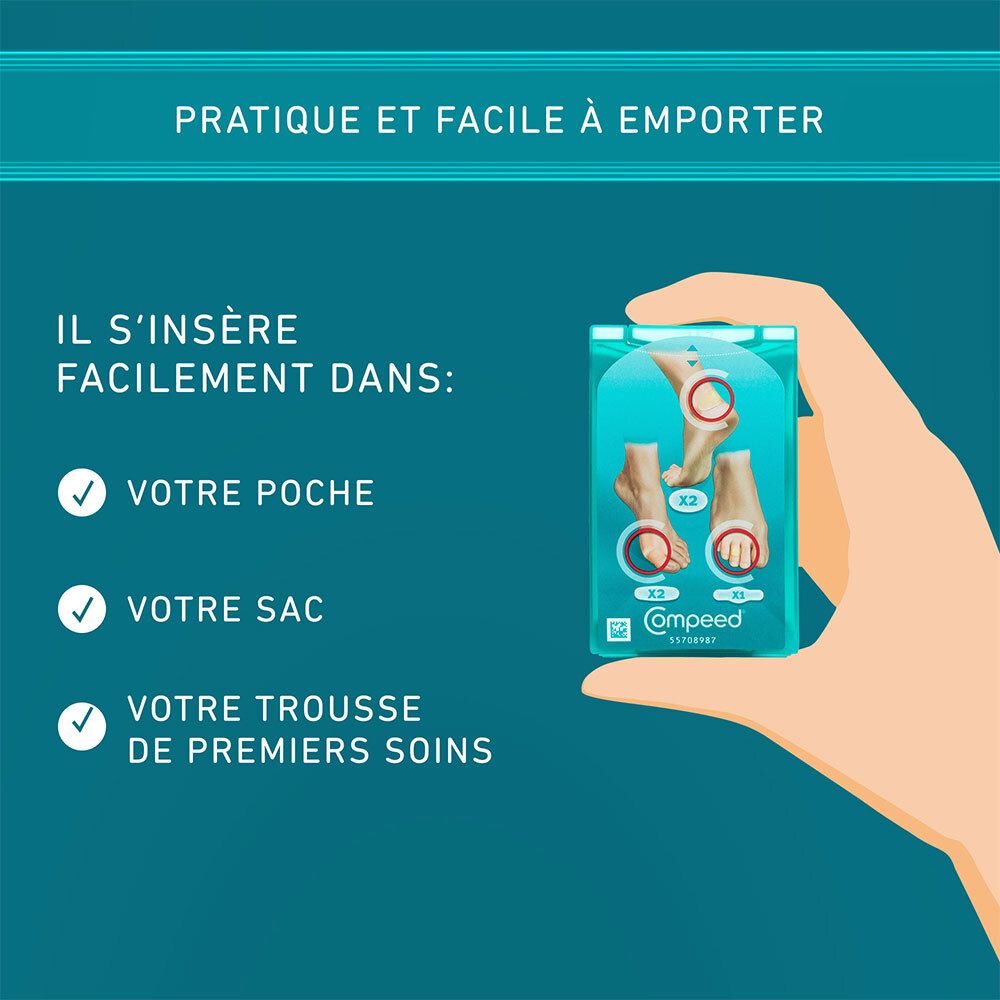 Compeed® Mixpack. Illustration: Pansements dans une poche, un sac, une trousse de premiers soins.