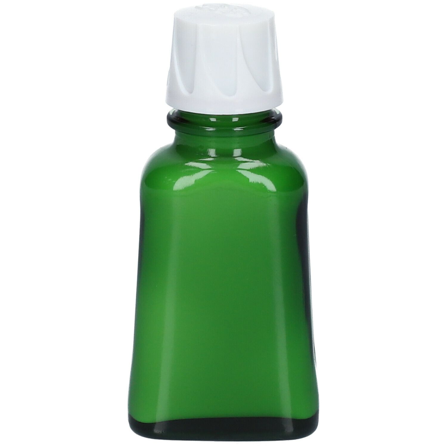 Flacon en verre vert avec bouchon blanc. Flacon sans étiquette.