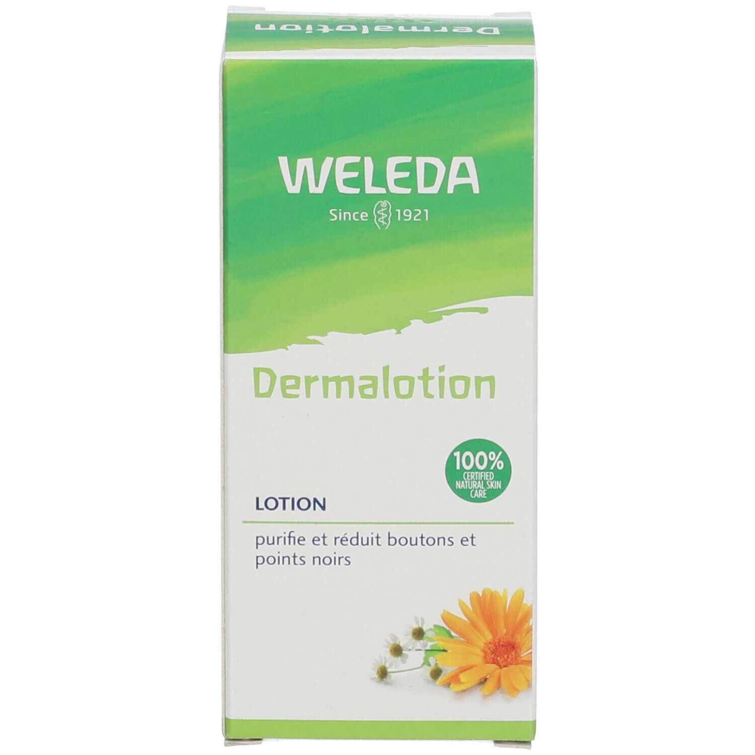 Emballage en carton avec nom et logo du produit. Design vert et blanc avec illustration du produit.