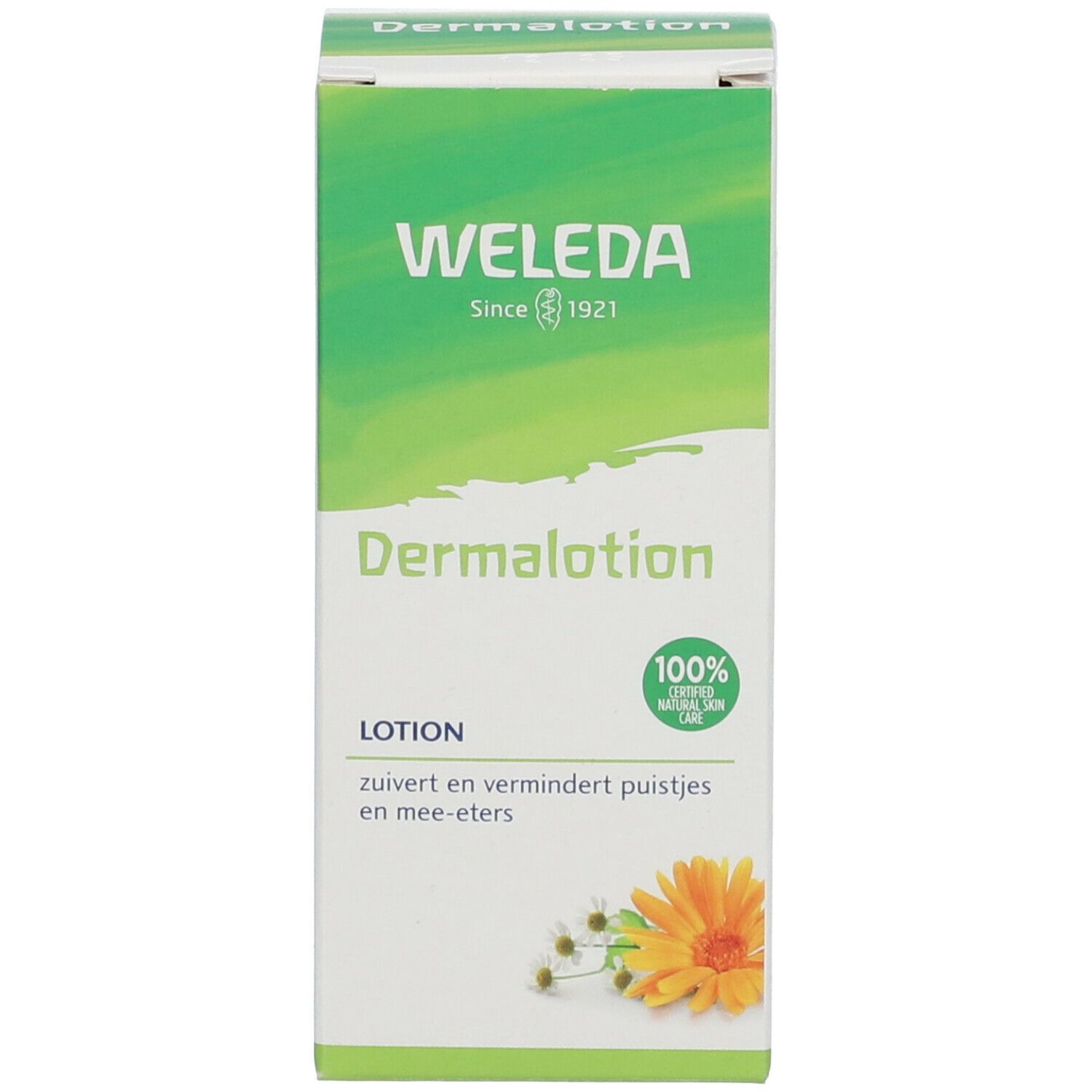 Emballage en carton avec nom et logo du produit. Design vert et blanc avec illustration du produit.