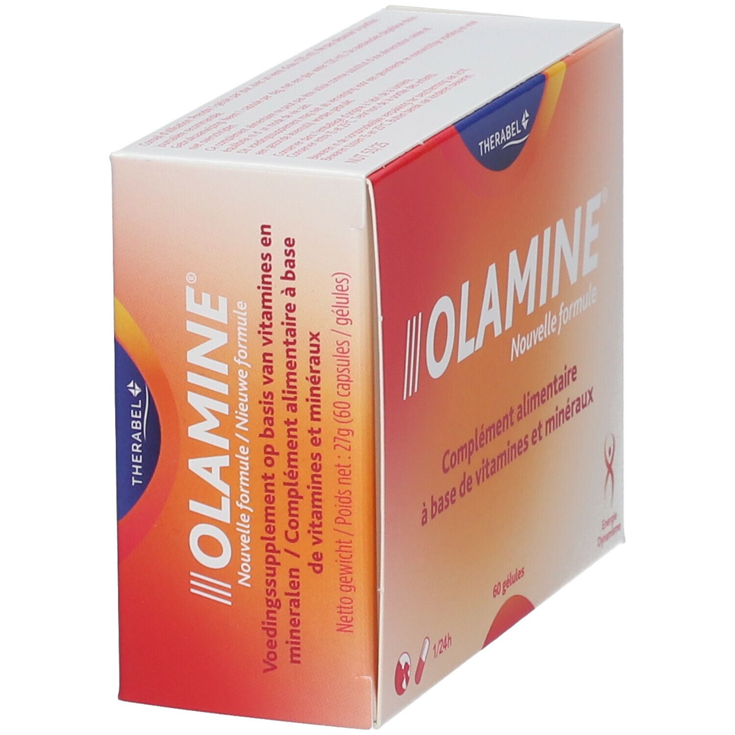 Boîte de complément alimentaire Olamin. Inscription : Nouvelle formule, Voedingssupplement op basis van vitamines en mineralen.