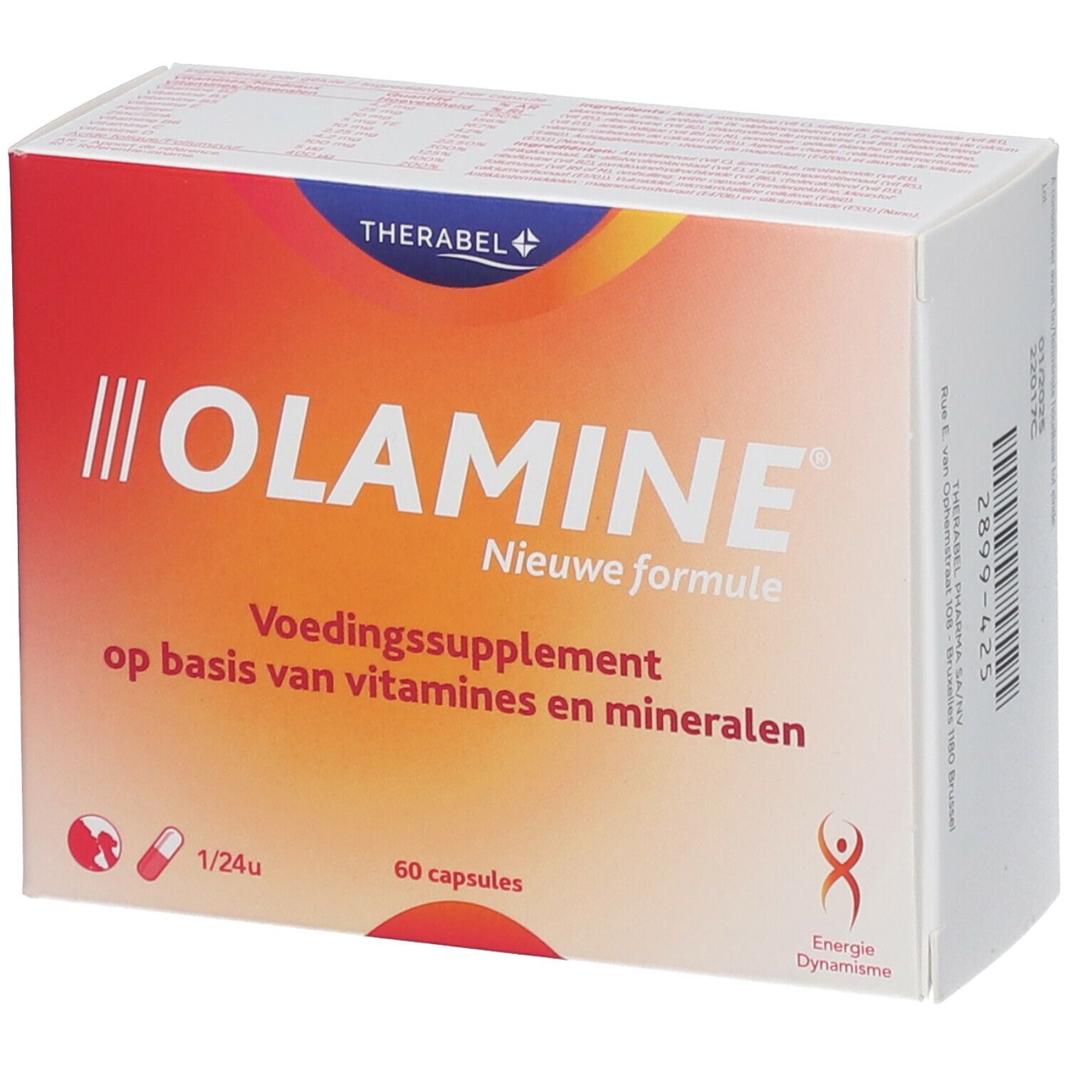 Boîte de complément alimentaire Olamin. Contient 60 capsules. Inscription : Nouvelle formule, Voedingssupplement op basis van vitamines en minéraux.