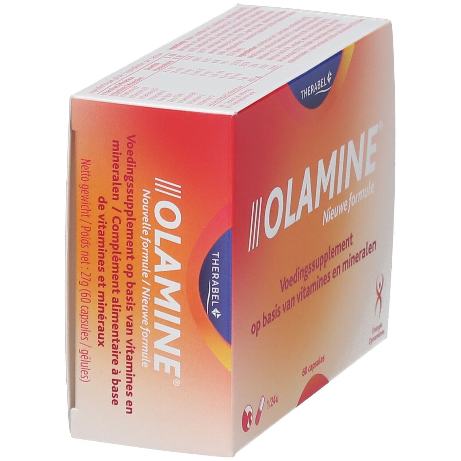 Boîte de complément alimentaire Olamin. Inscription : Nouvelle formule, Voedingssupplement op basis van vitamines en mineralen.