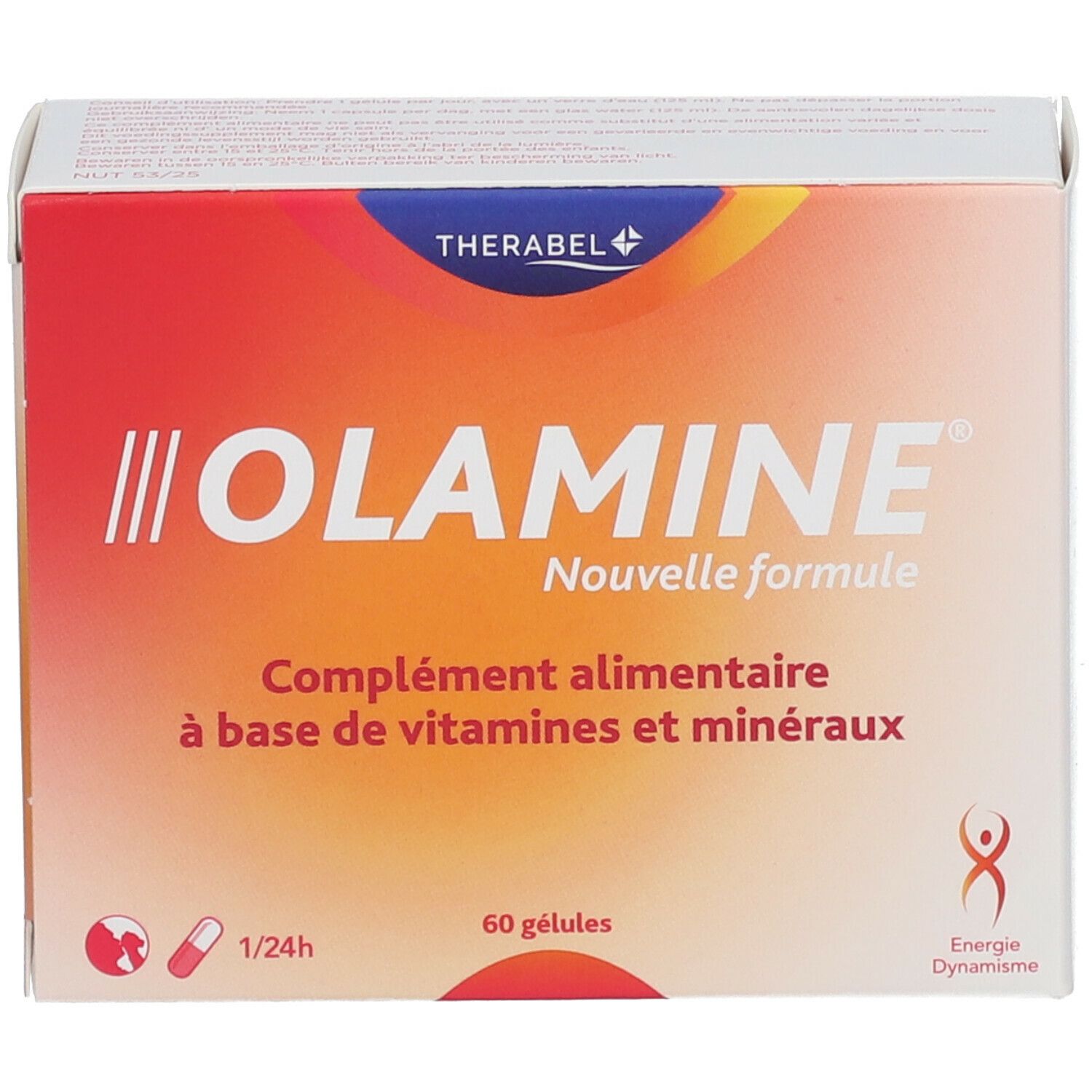 Boîte de complément alimentaire Olamin. Contient 60 gélules. Inscription : Nouvelle formule, à base de vitamines et minéraux.