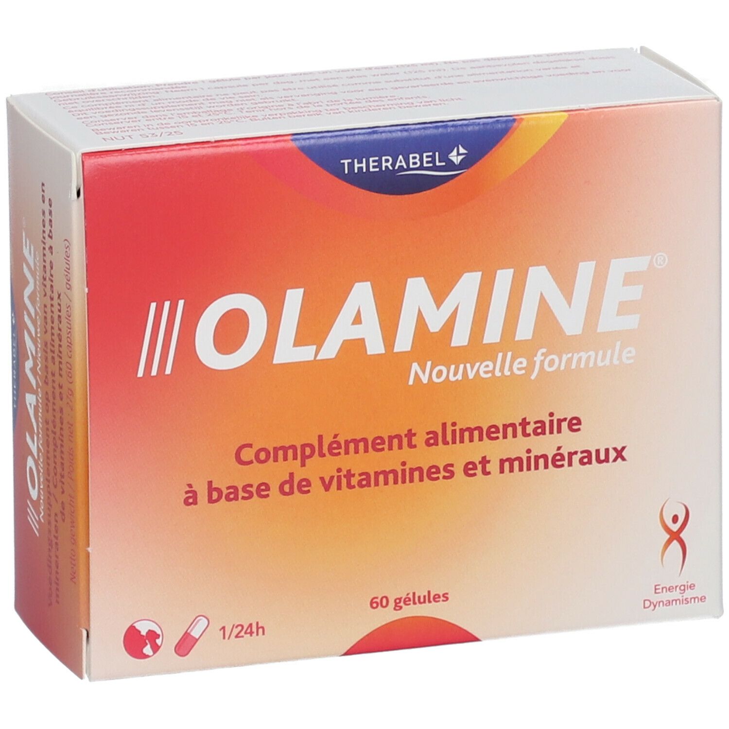 Boîte de complément alimentaire Olamin. Contient 60 gélules. Inscription : Nouvelle formule, à base de vitamines et minéraux.