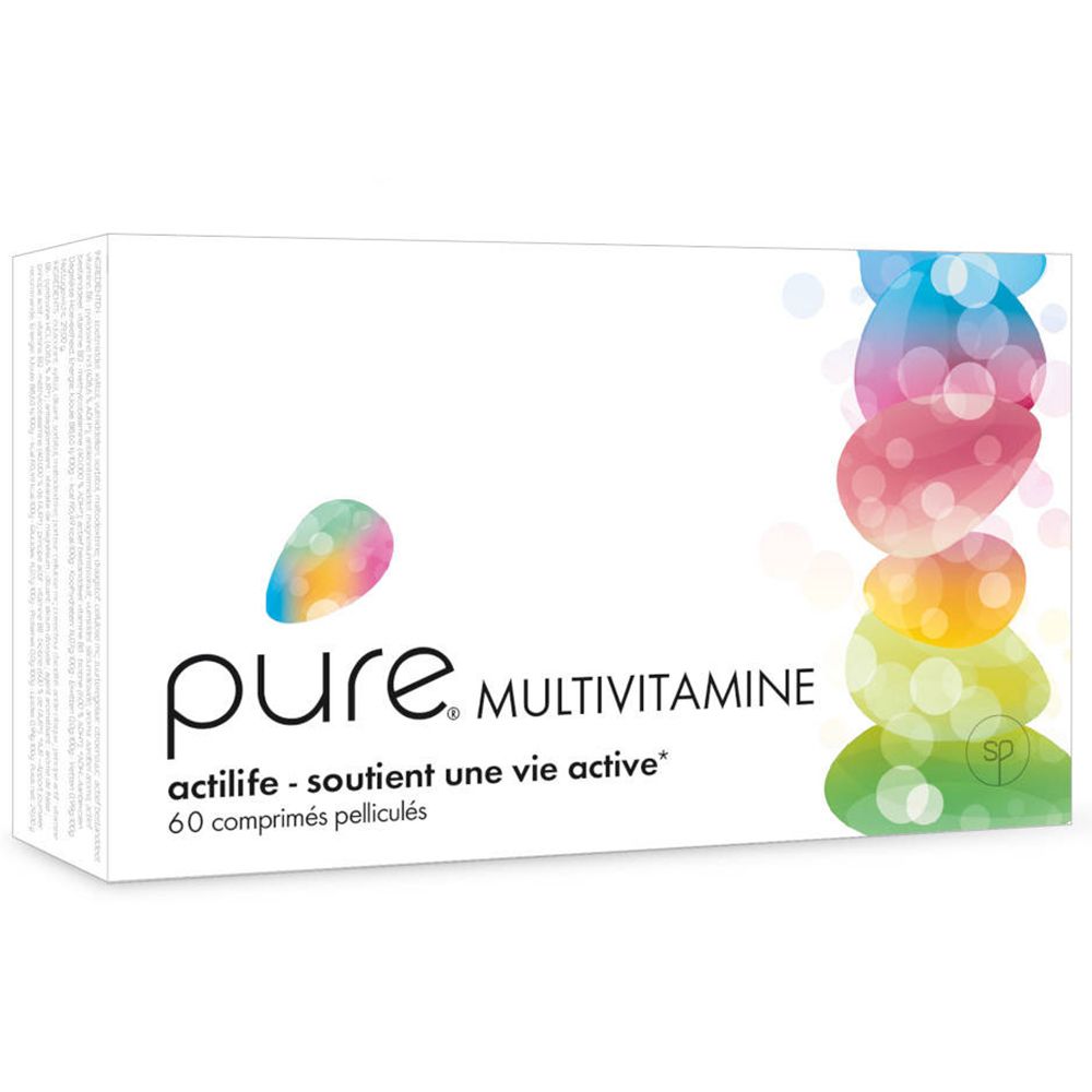 Witte doos met "pure. MULTIVITAMINE". Bevat 60 filmomhulde tabletten. Kleurrijke, ovale afbeelding. Tekst: actilife - ondersteunt een actief leven.
