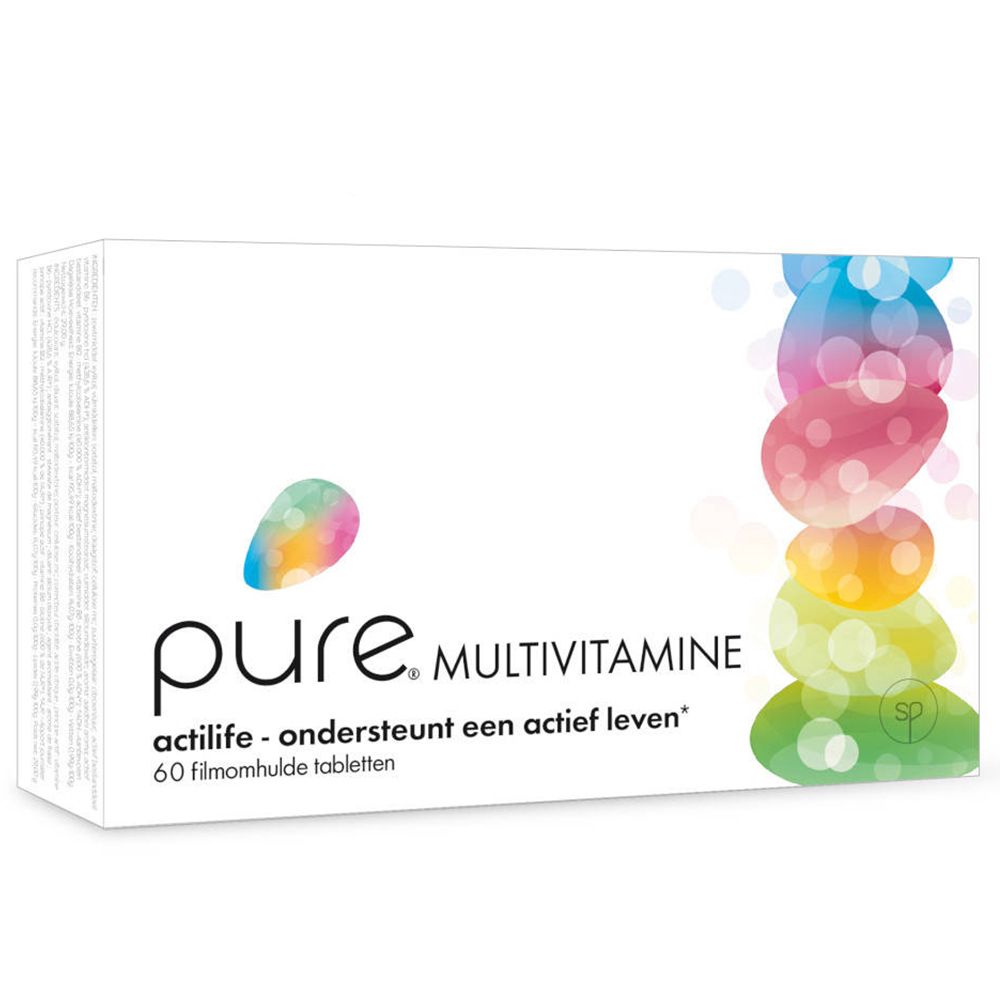 Witte doos met "pure. MULTIVITAMINE". Bevat 60 filmomhulde tabletten. Kleurrijke, ovale afbeelding. Tekst: actilife - ondersteunt een actief leven.