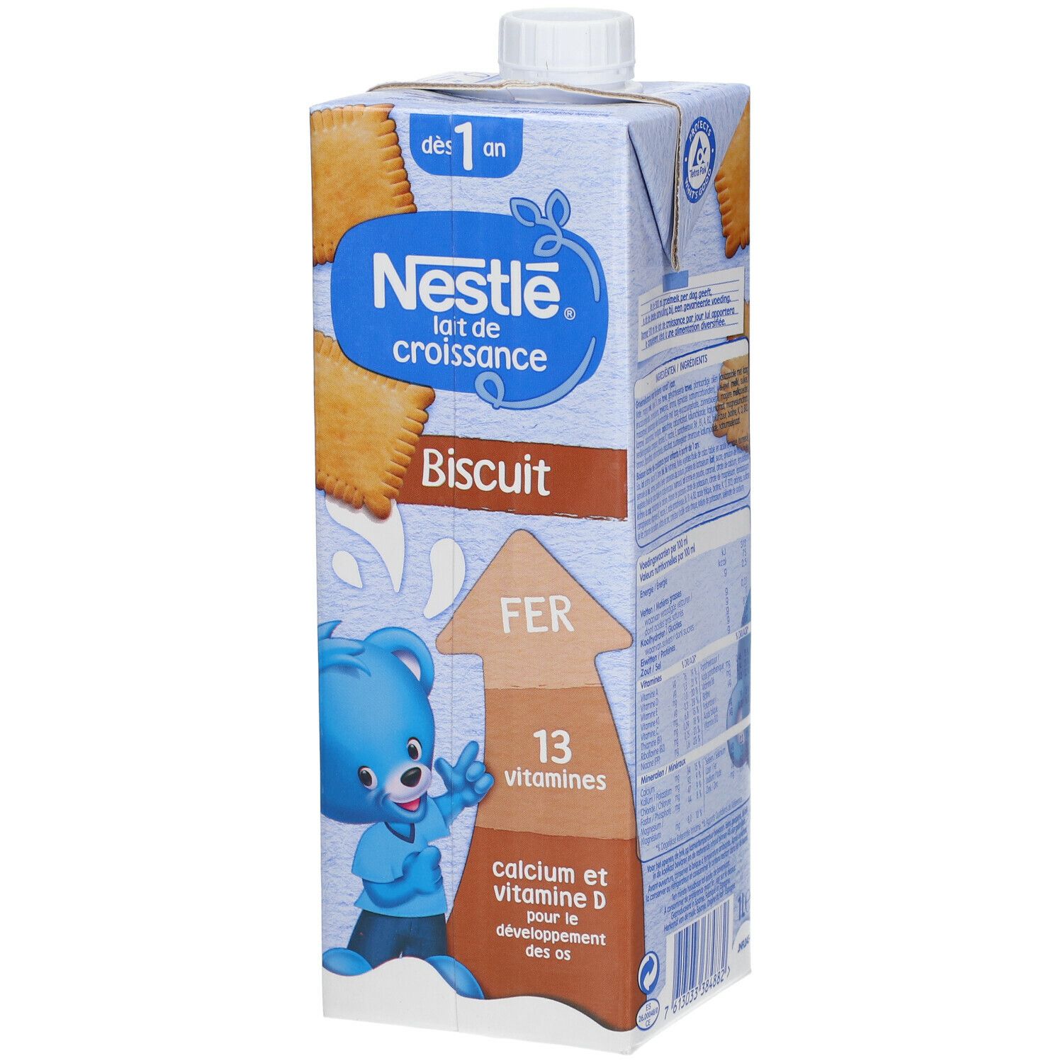Brique Nestlé Lait de Croissance Biscuit. Inscription : dès 1 an, Fer, 13 vitamines, calcium et vitamine D. Ours bleu.