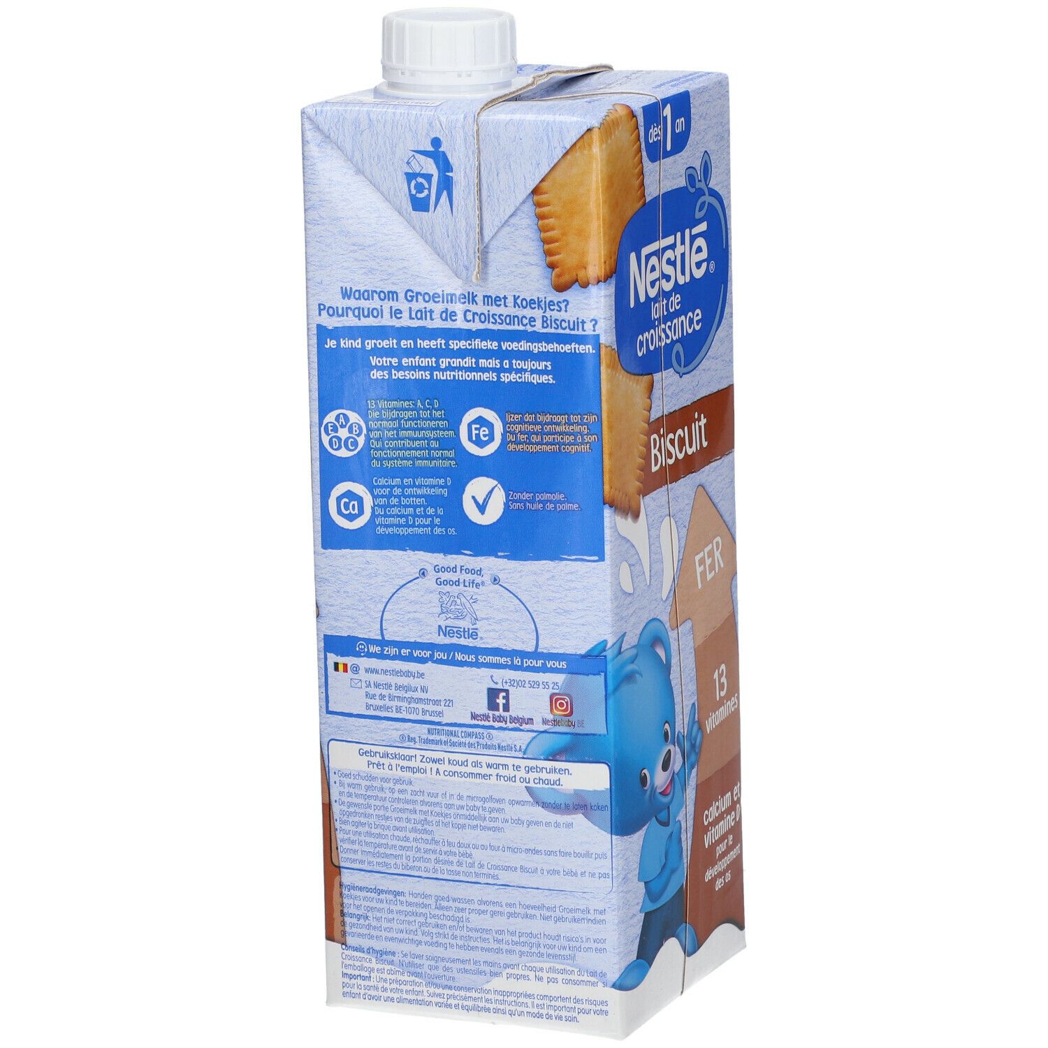 Dos de la brique Nestlé Lait de Croissance Biscuit. Texte en français. Ours bleu. Informations nutritionnelles.