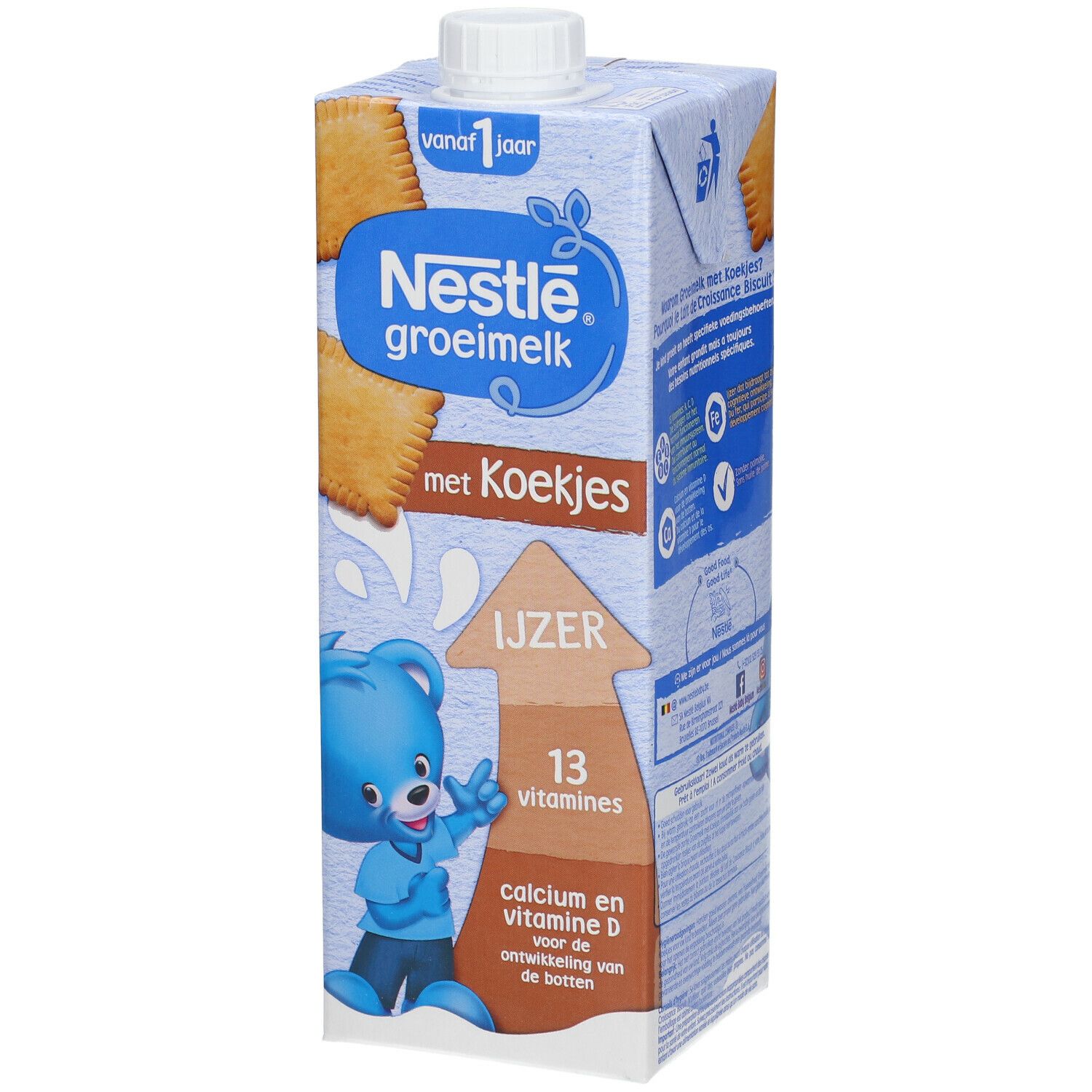 Brique Nestlé Groeimelk met Koekjes. Inscription : vanaf 1 jaar, Fer, 13 vitamines, calcium et vitamine D. Ours bleu.