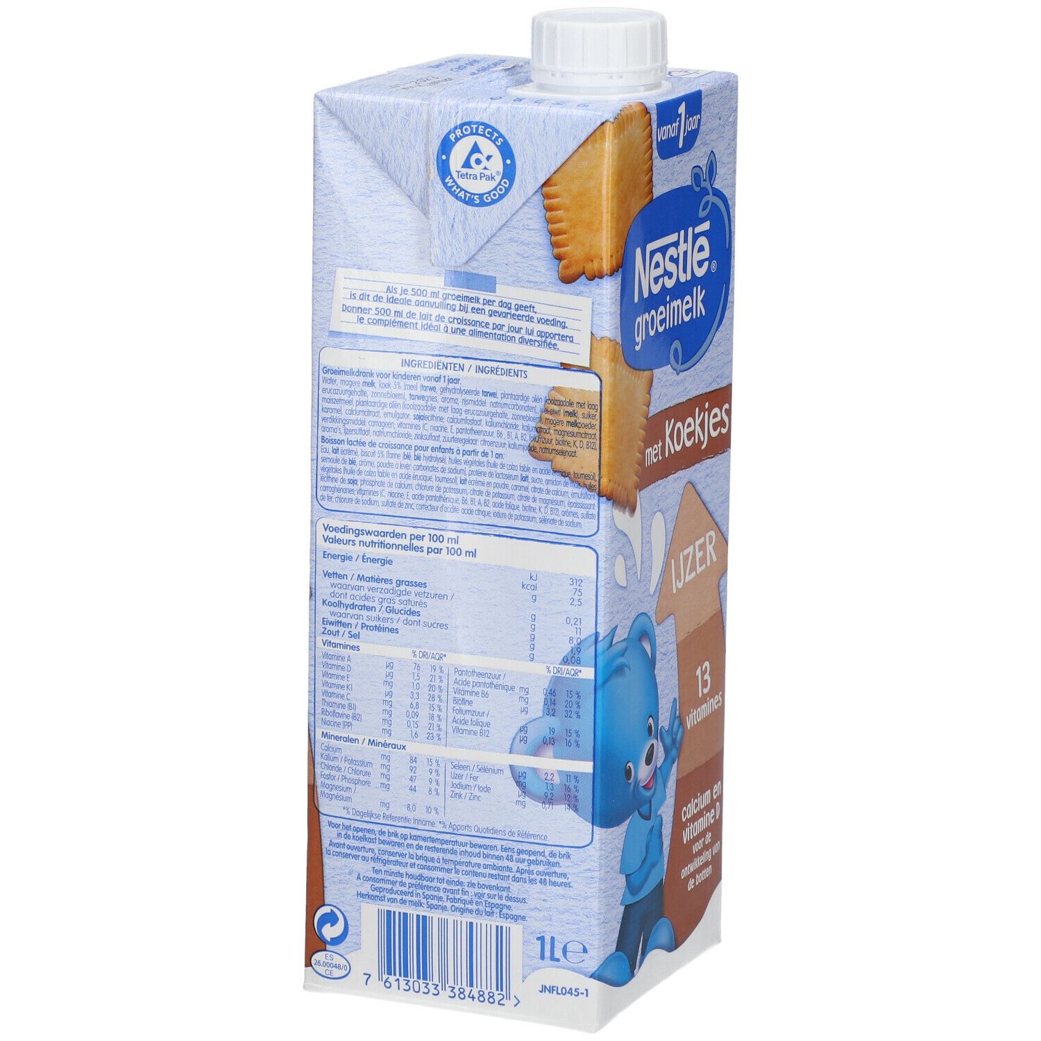 Dos de la brique Nestlé Groeimelk met Koekjes. Texte en néerlandais. Ours bleu. Informations nutritionnelles et ingrédients.