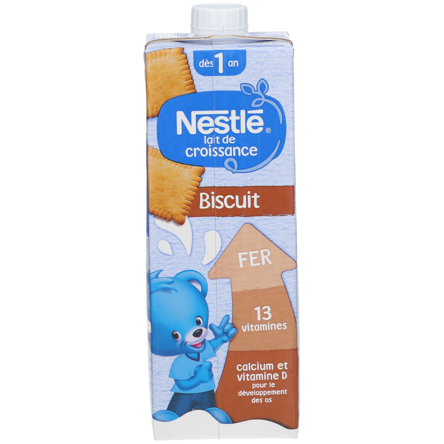 Brique Nestlé Lait de Croissance Biscuit. Inscription : dès 1 an, Fer, 13 vitamines, calcium et vitamine D. Ours bleu.