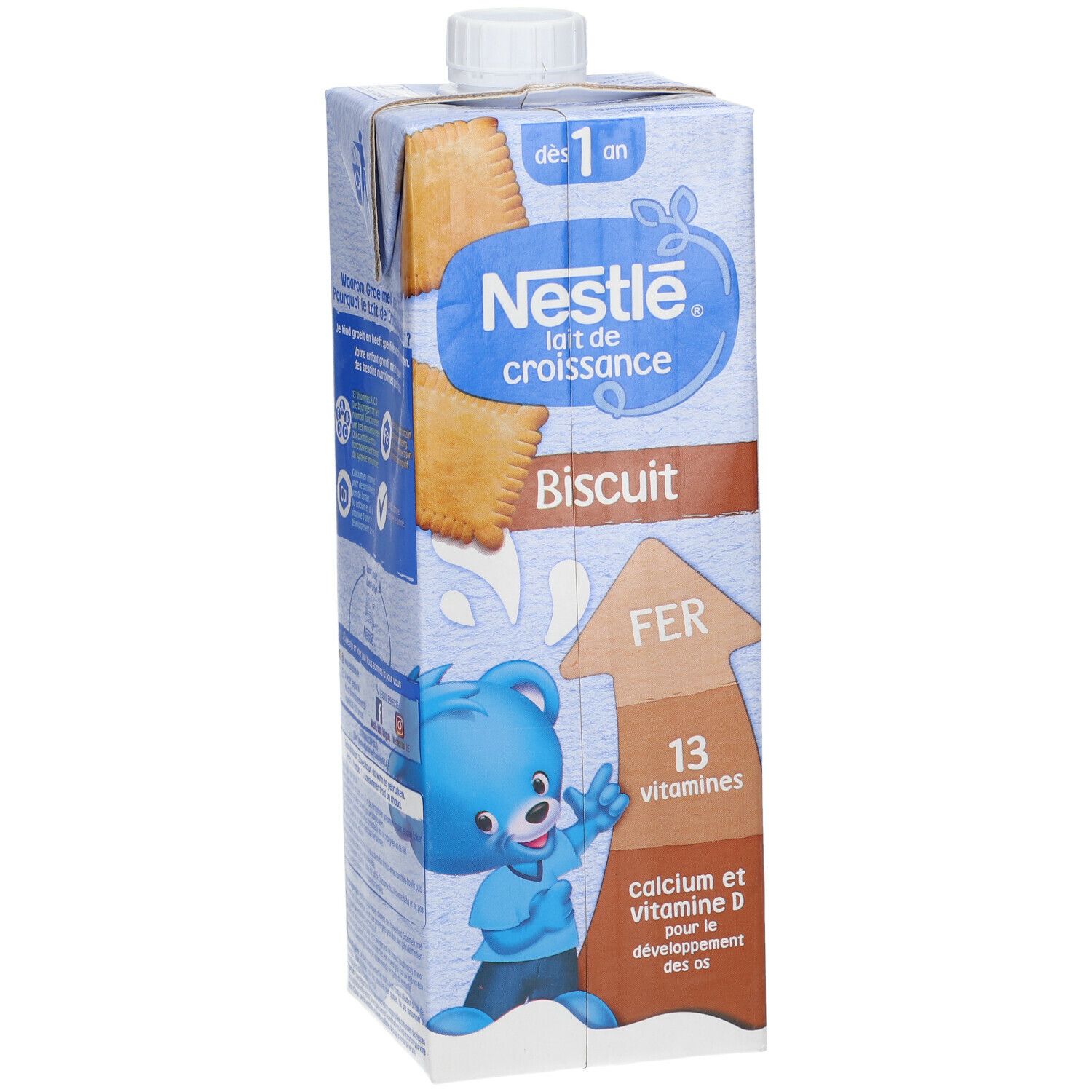 Brique Nestlé Lait de Croissance Biscuit. Inscription : dès 1 an, Fer, 13 vitamines, calcium et vitamine D. Ours bleu.