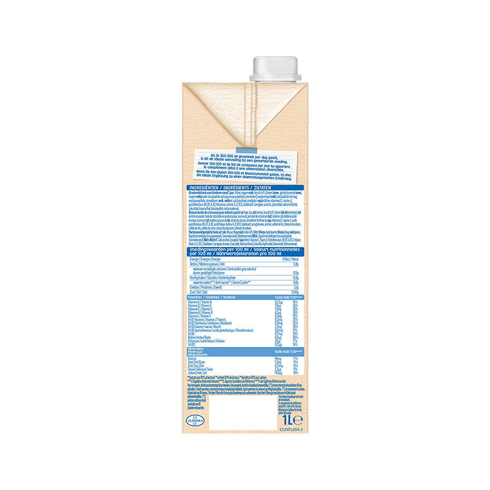 Dos de la brique Nestlé Lait de Croissance Biscuit. Texte en français. Informations nutritionnelles, ingrédients et contact.
