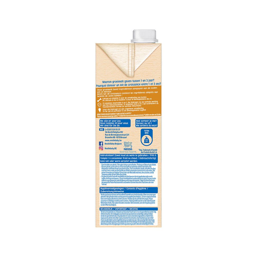 Dos de la brique Nestlé Lait de Croissance Biscuit. Texte en français. Informations nutritionnelles, ingrédients et contact.