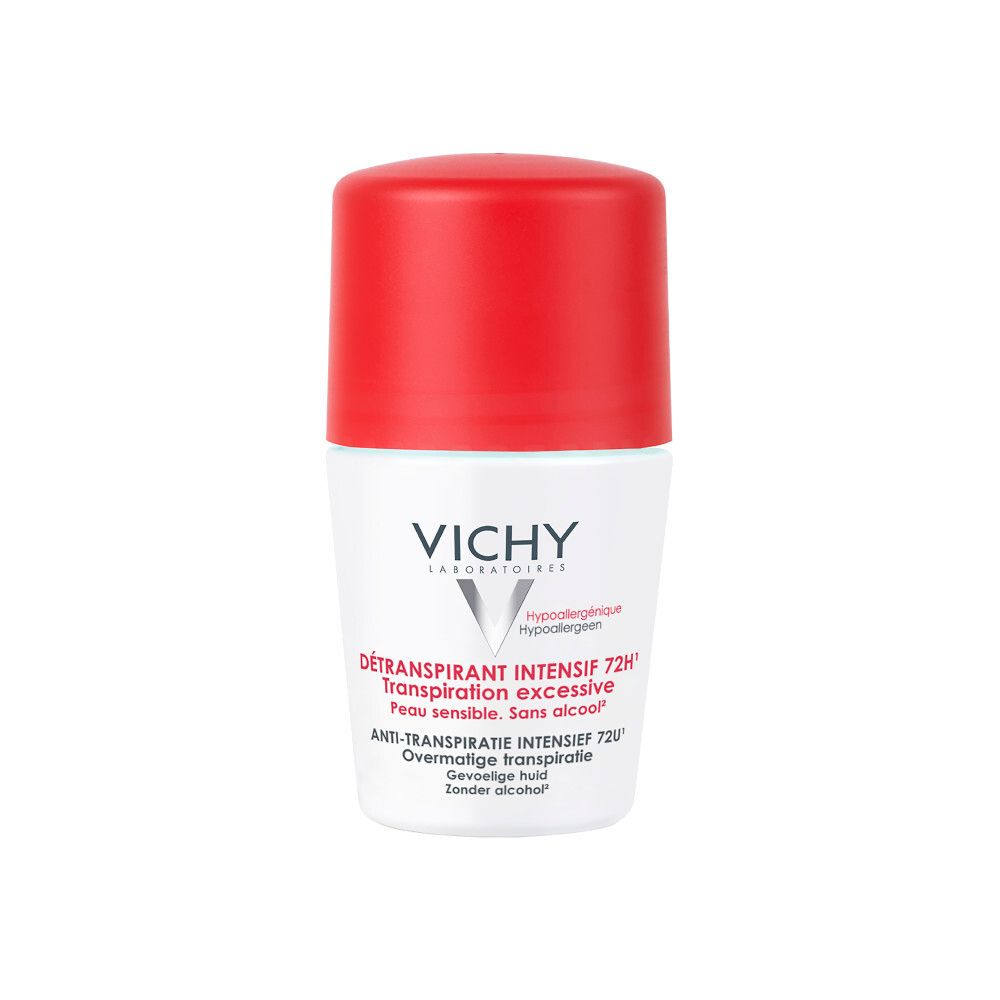Witte roll-on deodorant met rode dop. Opschrift: VICHY, DÉTRANSPIRANT INTENSIF 72H. Voor gevoelige huid.