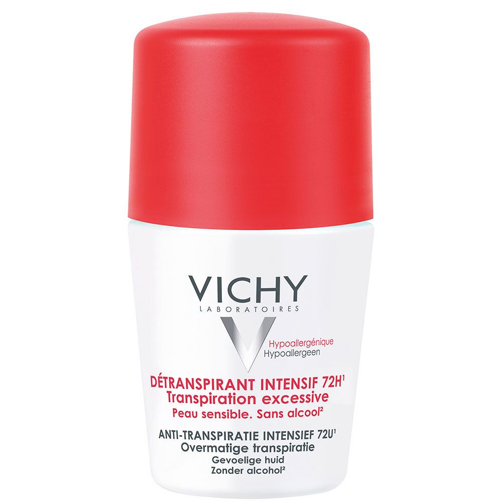 Weißer Roll-on-Deo mit rotem Deckel. Aufschrift: VICHY, DÉTRANSPIRANT INTENSIF 72H. Für empfindliche Haut.
