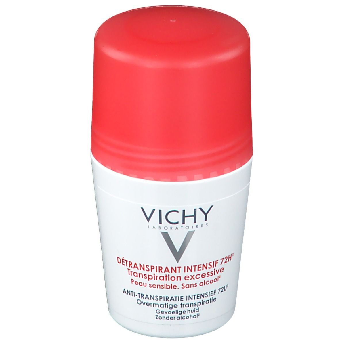 Weißer Roll-on-Deo mit rotem Deckel. Aufschrift: VICHY, DÉTRANSPIRANT INTENSIF 72H. Für empfindliche Haut. Ohne Alkohol.