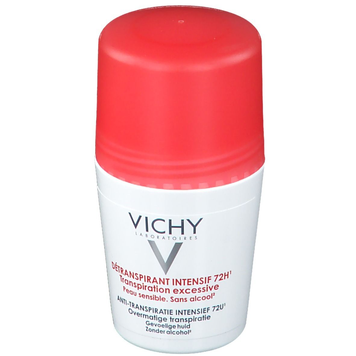 Weißer Roll-on-Deo mit rotem Deckel. Aufschrift: VICHY, DÉTRANSPIRANT INTENSIF 72H. Für empfindliche Haut. Ohne Alkohol.