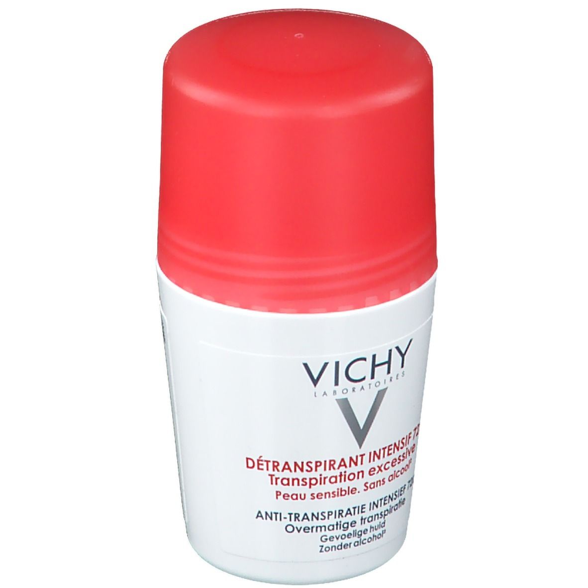 Weißer Roll-on-Deo mit rotem Deckel. Aufschrift: VICHY, DÉTRANSPIRANT INTENSIF 72H. Für empfindliche Haut. Ohne Alkohol.