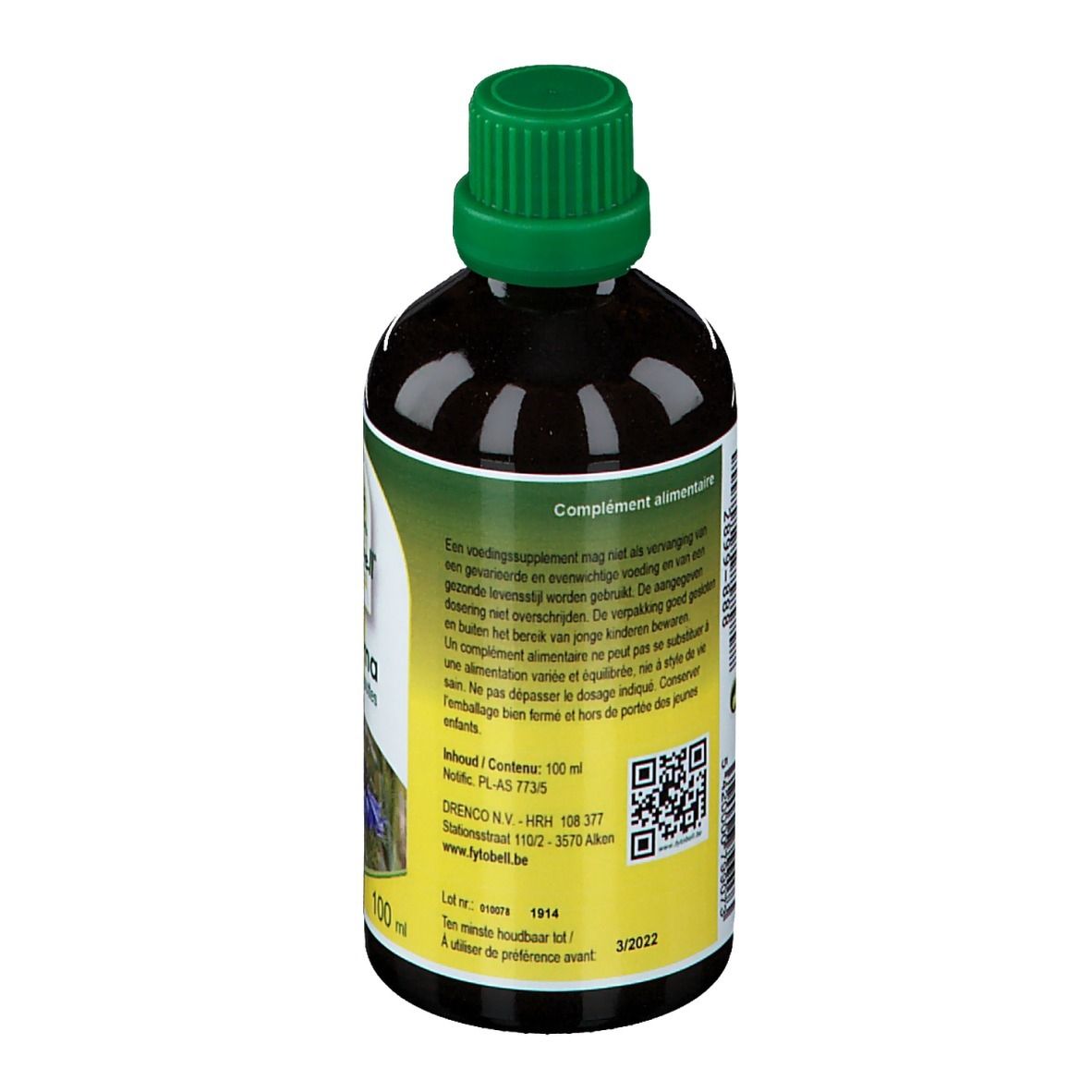 Achterkant van fles bruine vloeistof met groene dop. Etiket met tekst, QR-code en batchnummer.