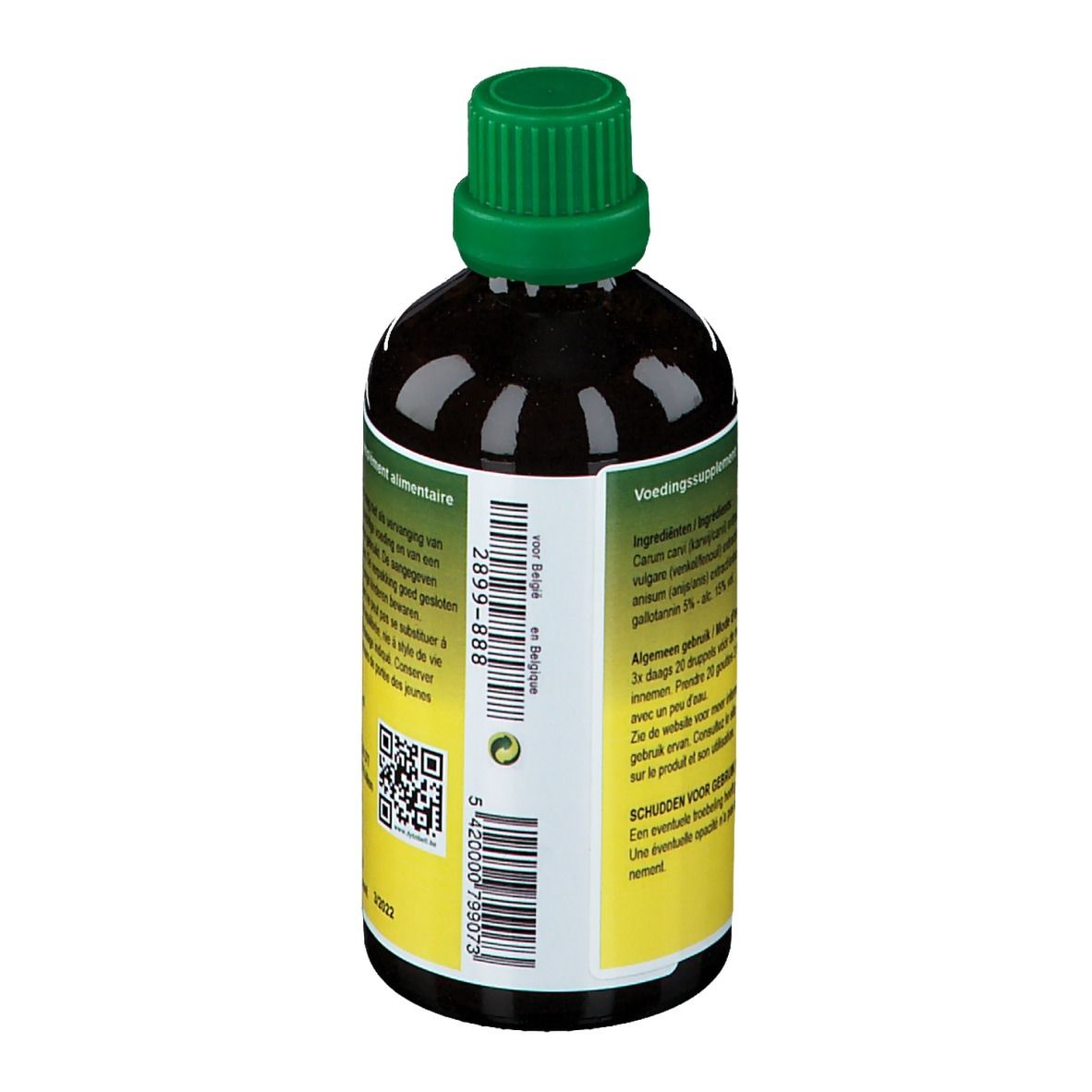 Achterkant van fles bruine vloeistof met groene dop. Etiket met tekst, QR-code en batchnummer.