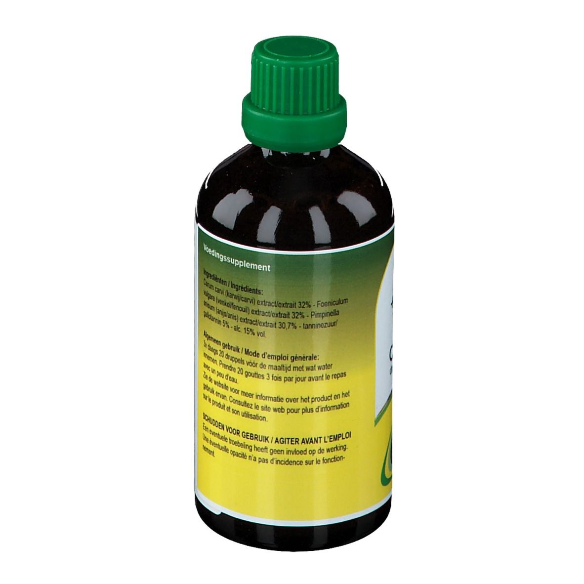 Achterkant van fles bruine vloeistof met groene dop. Etiket met tekst, QR-code en batchnummer.