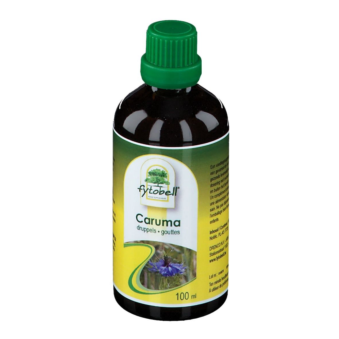 Fles met bruine vloeistof en groene dop. Etiket met productnaam Caruma, merk Fytobell en blauwe bloem.