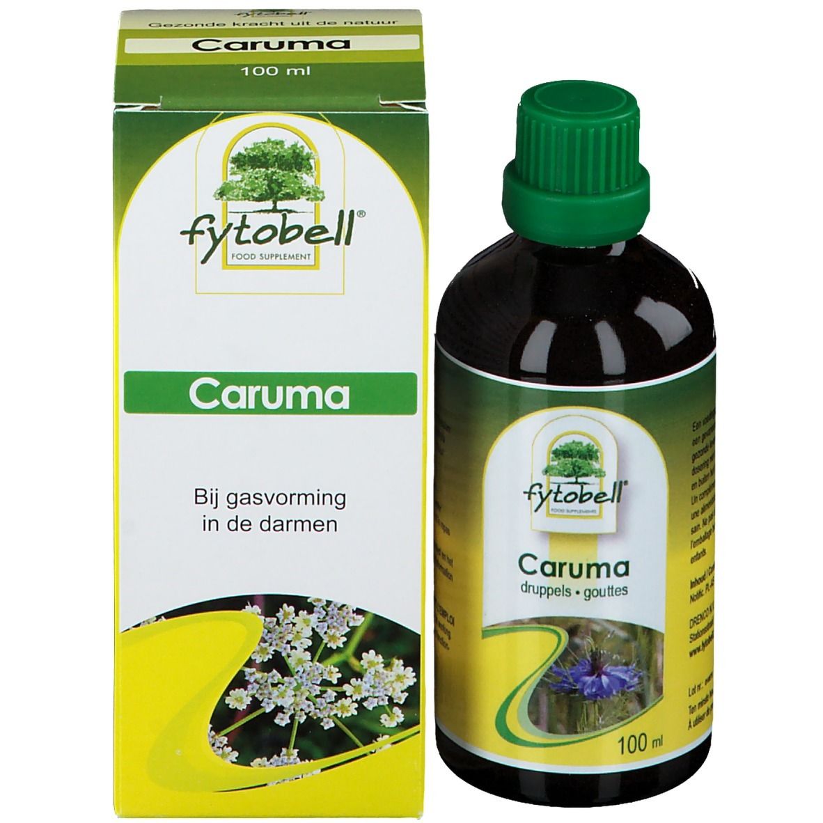 Fles en doos. Fles met bruine vloeistof, groene dop. Doos met productnaam Caruma en merk Fytobell.