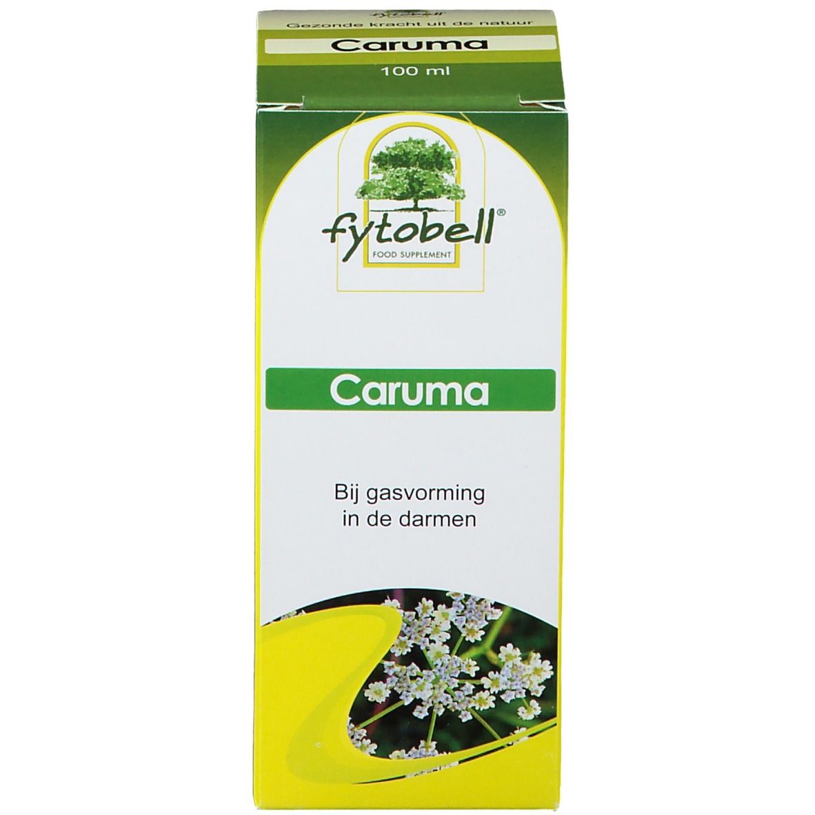 Doos met productnaam Caruma en merk Fytobell. Tekst: Bij gasvorming in de darmen. Afbeelding van bloemen.