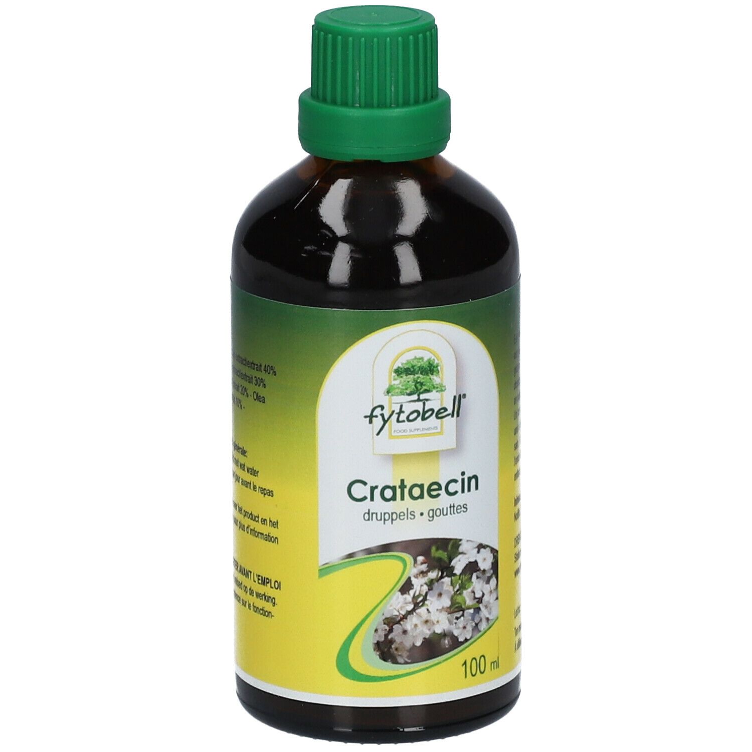 Flacon en verre brun avec bouchon vert. Étiquette avec nom du produit et motif floral. 100 ml.