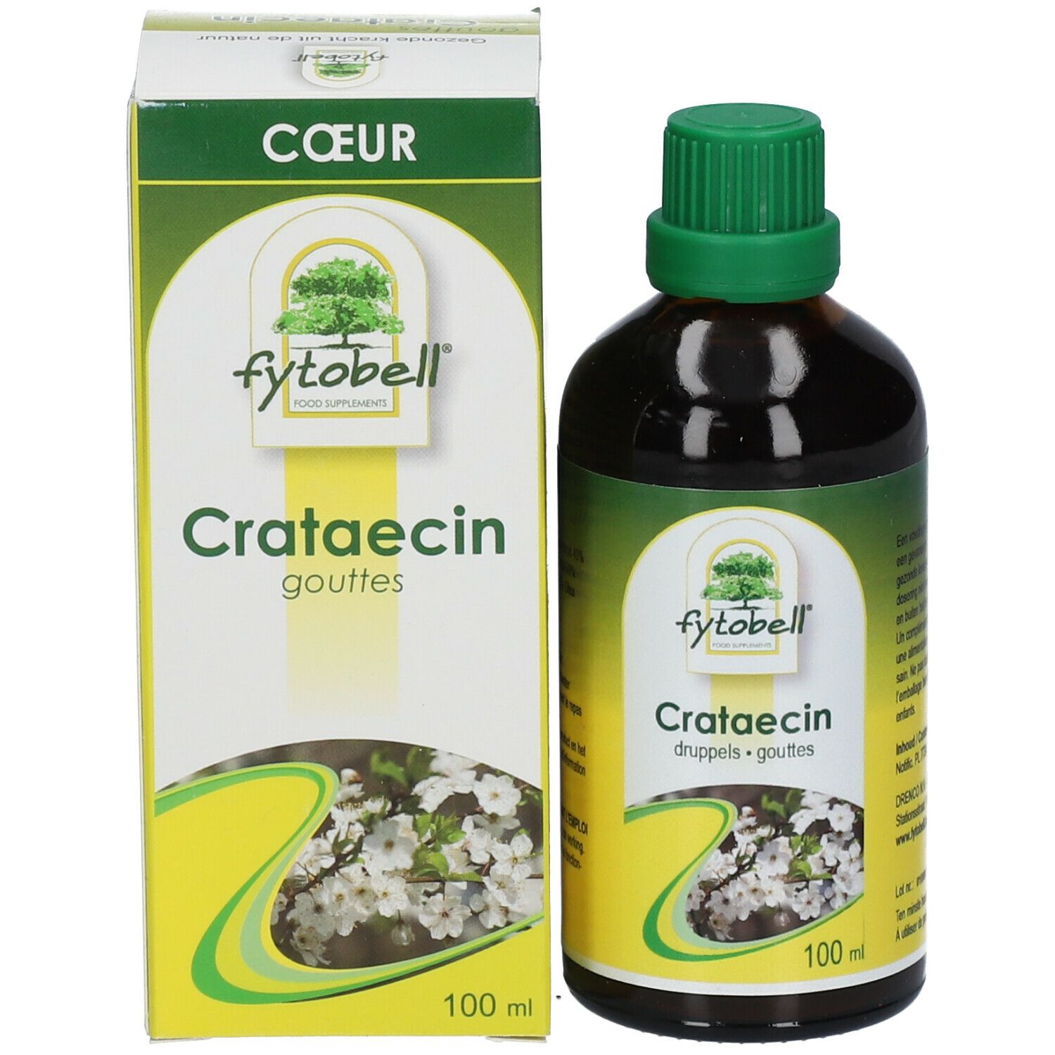 Flacon et boîte du produit. Boîte avec nom du produit et motif floral. 100 ml.