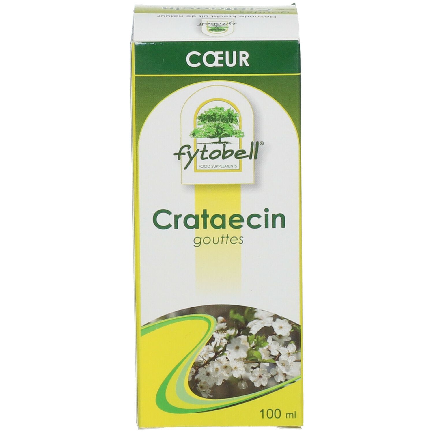 Emballage du produit. Boîte avec nom du produit et motif floral. 100 ml.