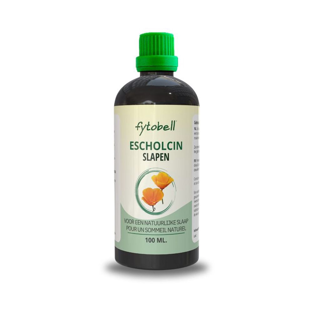 Bouteille de liquide brun, bouchon vert. Étiquette avec nom du produit et texte.